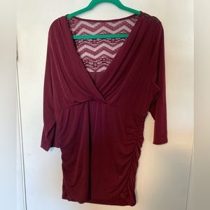 Torrid Size 2 Wine Rouched Crochet Blouse with 3/4 Length Sleeves